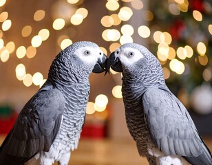 Fototapeta premium Two gray parrots facing each other, heads close, in front of a blurred Christmas background