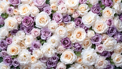 Detailed shot of densely clustered purple and white roses, offering a refined floral texture ideal for wedding invitations, romantic themes, seasonal decor, and branding visuals