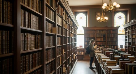Obraz premium Intricate Interior of Library with Person Browsing Books and Antique Ambiance