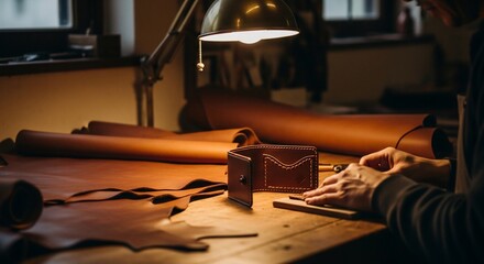 Leather crafting in a workshop, creating a wallet with attention to detail