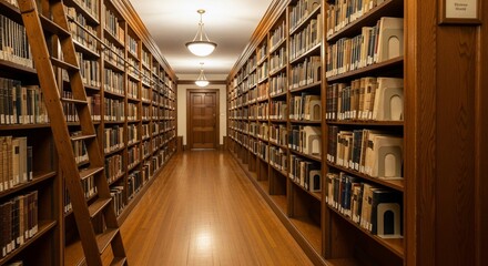 Obraz premium Long Perspective View into the Academic Library with Wooden Bookshelves and Ladder