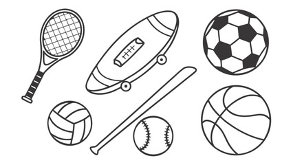Various sports equipment and gear including balls, racket, bat, and skateboard for games and fitness