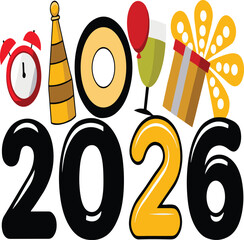 New Year 2026 celebration with alarm clock champagne bottle balloon gift and fireworks