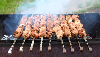 Succulent skewers of meat grilling over hot coals