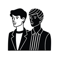 Two stylized men in suits stand side by side in monochrome design