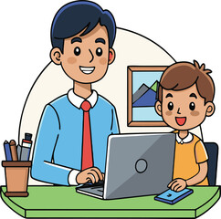 Father and son using laptop together on green desk with pen holder and framed picture on beige background