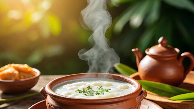 Delicious vegan cream soup with dumplings served steaming hot in rustic terracotta bowl, accompanied by bread and a teapot, perfect for a healthy and comforting meal