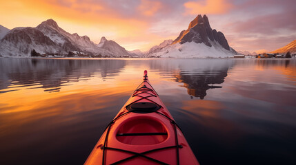 Paddling a kayak in Antarctica, documentary style, wide angle