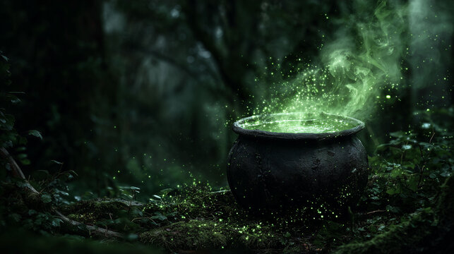 Old witch cauldron bubbling with green smoke, mysterious forest setting, magical particles glowing, eerie atmosphere