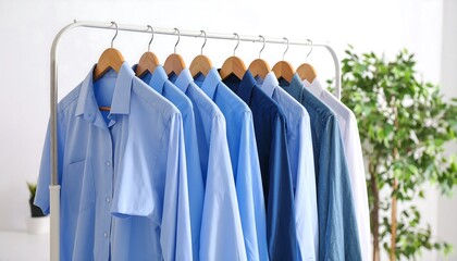 Obraz premium Different shades of blue shirts on hangers
