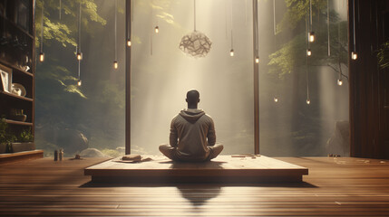 Woman doing yoga while relaxing with stock chart