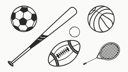 Sports equipment collection. Soccer ball, basketball, football, baseball bat, tennis racket. Game and play items.