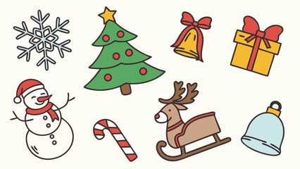 Naklejka premium Christmas holiday icons set. Cute festive winter elements collection including snowflake, tree, snowman, gift, bell, reindeer, candy cane.