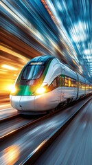 High-speed train moving rapidly through a tunnel.