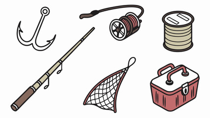Fishing gear and equipment set. Tackle, rod, reel, hook, net, line, tackle box for outdoor sport, hobby, angling.