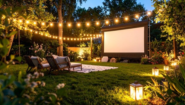 Outdoor movie night setup in a backyard, with string lights, seating, and a projector screen