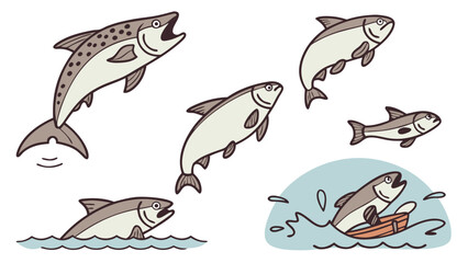 Fototapeta premium Jumping salmon fish set. Wild river salmon in water. Nature wildlife animal collection. Healthy food and fishing concept.