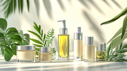 Skincare products on a background with palm leaves, suggesting natural ingredients for health and beauty.