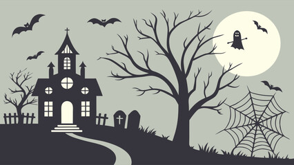 Halloween spooky night silhouette with haunted house, full moon, bats, ghost, bare tree, spiderweb, graveyard.