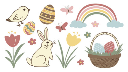 Cute Easter Spring elements set with bunny, colorful eggs, basket, flowers, rainbow, and bird. Holiday collection for kids.