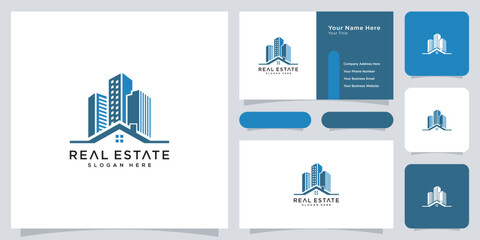 Real estate with building and house logo design and business card