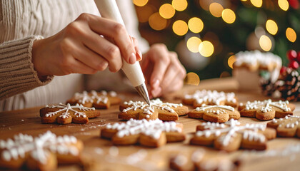 Hands delicately decorate delicious gingerbread cookies with white icing, preparing sweet treats for holiday season. joyful and festive atmosphere fills cozy home, creating cherished memories