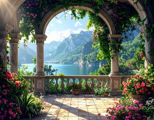 Old stone archway entrance to a vibrant garden with flowers in a historic European town