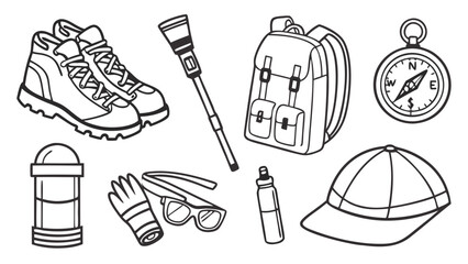 Hiking gear and outdoor adventure equipment collection. Travel essentials including boots, backpack, compass, water bottle, hat.