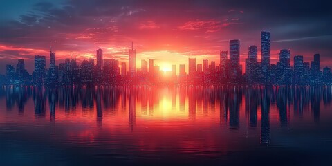 Fototapeta premium Stunning city skyline at sunset, reflecting vibrant hues of orange and purple on calm waters, perfect for urban lifestyle and travel themes.