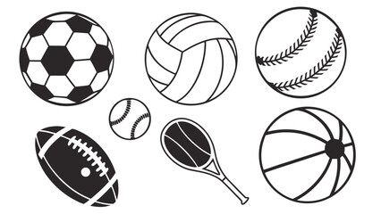 Sports balls and equipment set. Soccer, basketball, baseball, football, tennis, volleyball, and racket. Game icons collection.