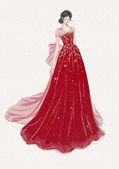 Obraz premium Fashion illustration.Stunning gown in red color. fitted bodice and a flowing skirt that gracefully trails behind. beautiful bow adorns the back. formal occasions. sophistication and glamour.