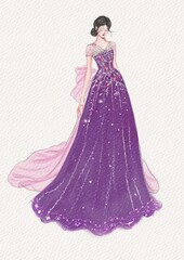 Obraz premium Fashion illustration.Stunning gown in purple color. fitted bodice and a flowing skirt that gracefully trails behind. beautiful bow adorns the back. formal occasions. sophistication and glamour