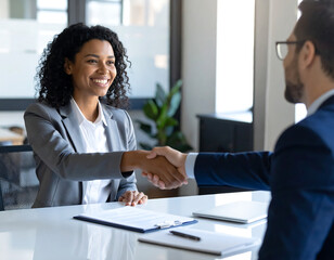 Female hr bank manager, financial advisor handshaking recruit, greeting client. Hiring at job interview, partnership concept. Handshake of happy young business woman and business man at office meeting