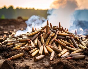 A pile of spent bullet casings and live ammunition gather on a dirt surface, with smoke rising in the background.