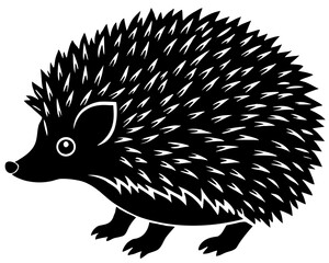 Stylized black and white illustration of a hedgehog with sharp quills
