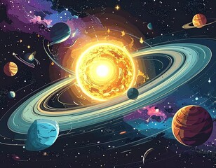 A vibrant illustration of a solar system featuring a bright sun, planets, rings, asteroids, and colorful nebulae against a backdrop of stars.