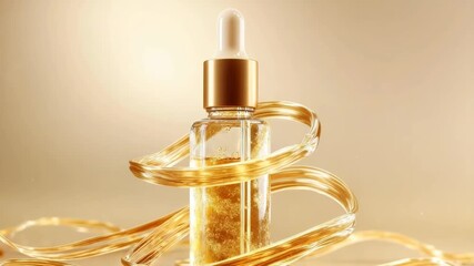 Luxury golden serum bottle with swirling ribbons promoting beauty and wellness trends