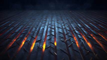 Fototapeta premium An abstract close-up of an industrial metal surface with glowing orange heat marks, creating a dramatic textured effect.