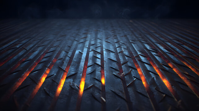 An abstract close-up of an industrial metal surface with glowing orange heat marks, creating a dramatic textured effect.