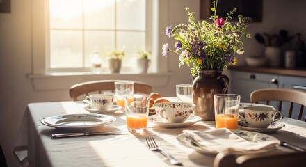 Morning Sunlight Illuminating a Breakfast Table with Flowers and Orange Juice