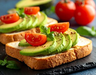 Two slices of toasted bread topped with avocado, cherry tomatoes, and fresh basil leaves
