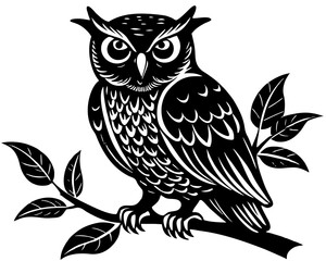 Detailed black and white illustration of an owl perched on a branch