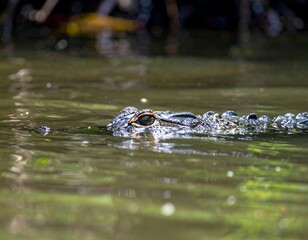 Stealthy American alligator's eye and snout just above murky water, perfectly camouflaged in its wetland habitat.