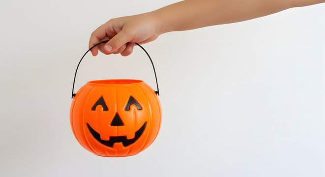 A child's hand holding a festive orange jack-o'-lantern pumpkin bucket for Halloween trick-or-treating against a white background. - Powered by Adobe