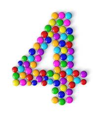 number 4 made of colorful chocolate candy isolated on white background. 3d chocolate candy number.