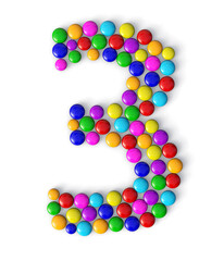 number 3 made of colorful chocolate candy isolated on white background. 3d chocolate candy number.