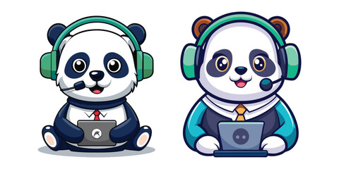 Adorable Panda with Headset Managing Remote Team – Cute Animal Office Vector for Work From Home, Virtual Meeting, Team Management, and Business Communication Concepts