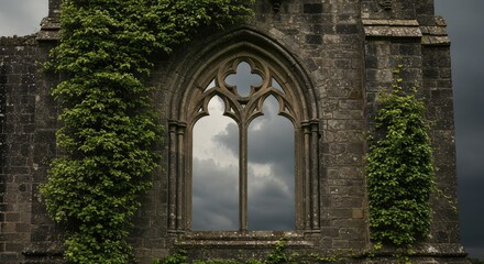 Fototapeta premium A weathered stone archway window, overgrown with greenery, revealing a cloudy sky