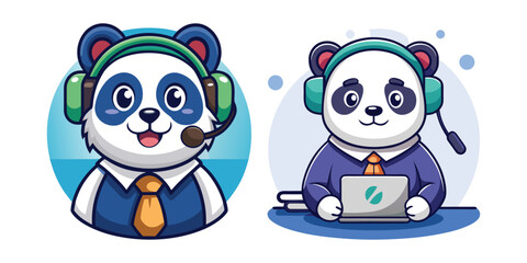 Adorable Panda with Headset Managing Remote Team – Cute Animal Office Vector for Work From Home, Virtual Meeting, Team Management, and Business Communication Concepts