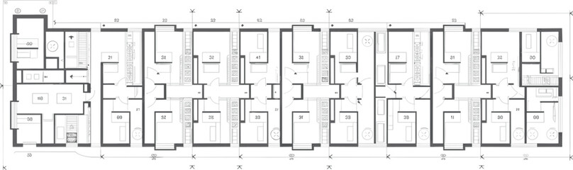 Multi-unit apartment floor plan, architectural building layout, residential housing blueprint, professional technical drawing for real estate development and construction projects.